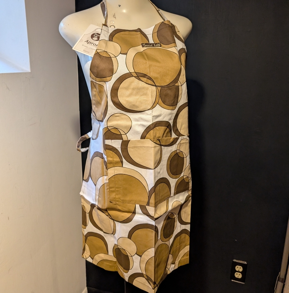 Two Aprons, Adult / Child Brown and White Circle Pattern Apron.